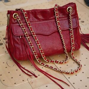 Rebecca Minkoff 100% Leather Gold Chain Cherry Red Medium Size Shoulder Bag